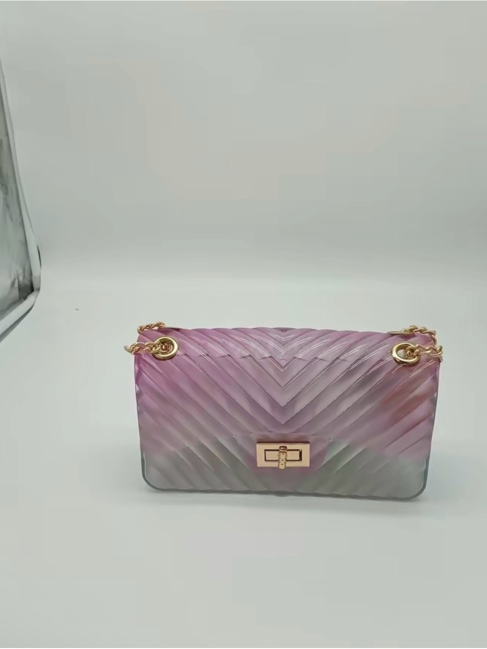 Pink Iridescent Jelly Crossbody Bag Chevron Gold Chain Purse